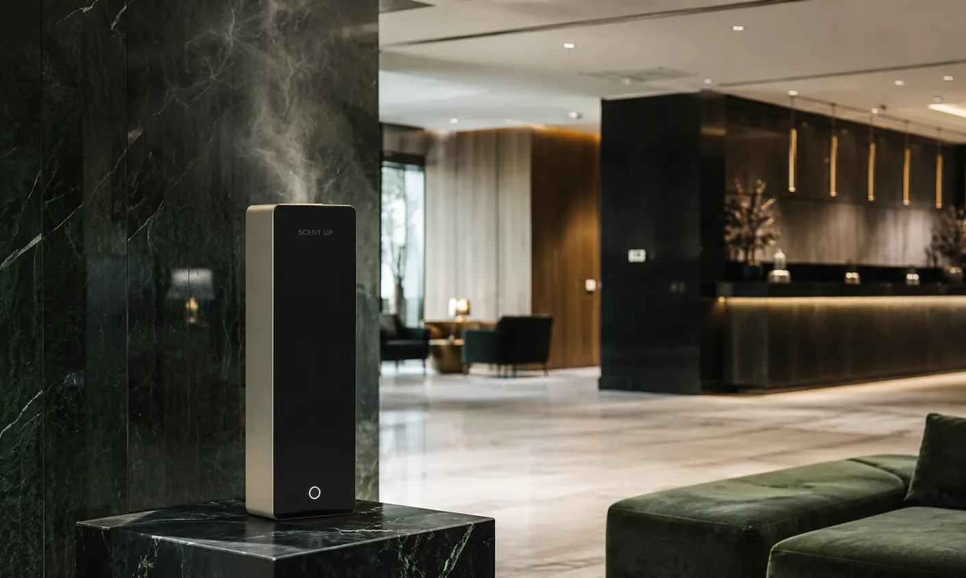 A commercial scent diffuser releasing fragrance from a marble plinth in a hotel lobby