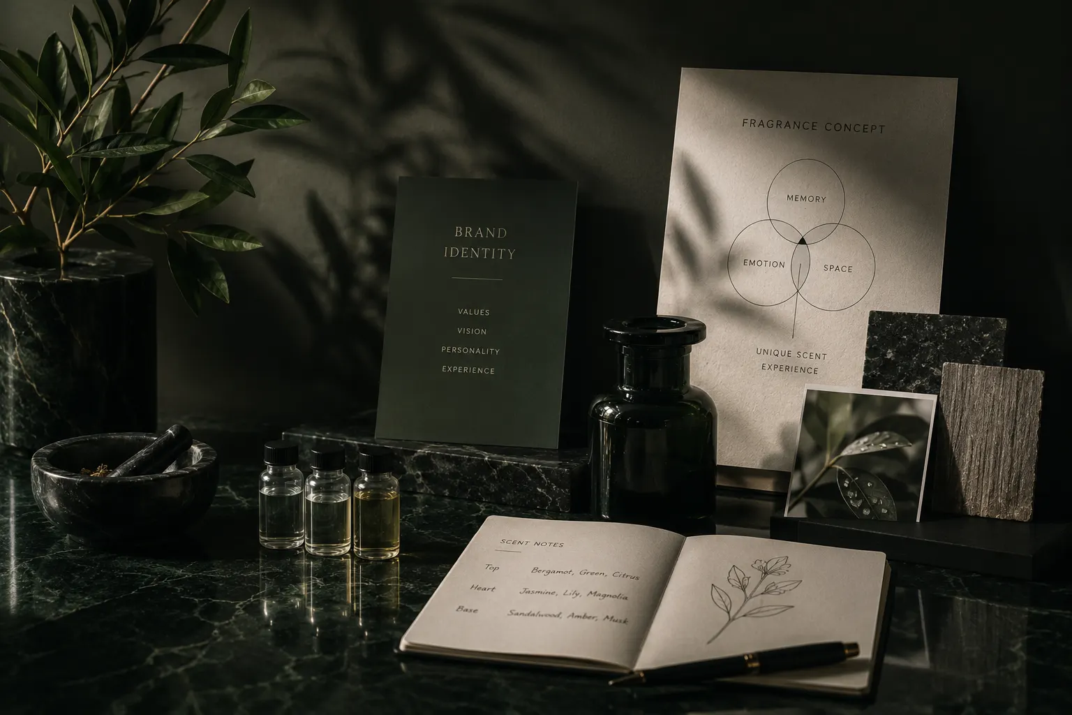 Signature scent development materials: brand identity and fragrance concept boards, sample vials, and an open notebook of top, heart and base notes