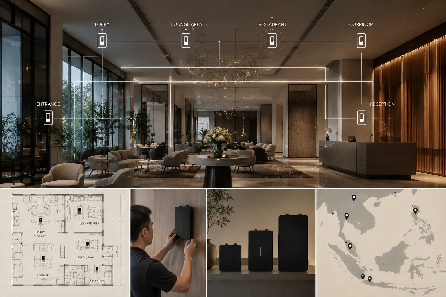 Commercial scent installation and sizing concept showing coverage planning, professional installation, system sizing, and multi-location deployment.
