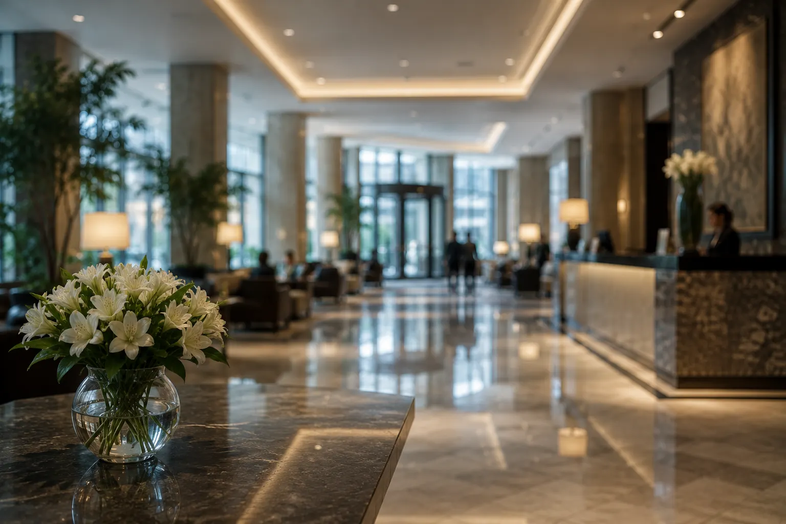 Hotel lobby with a white flower arrangement on a marble table in the foreground and the reception desk beyond